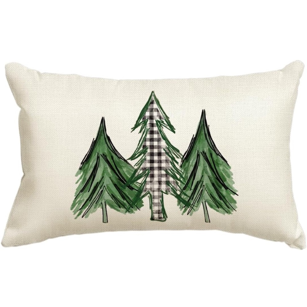 Watercolor Evergreen Tree Plaid Holiday Pillow Covers